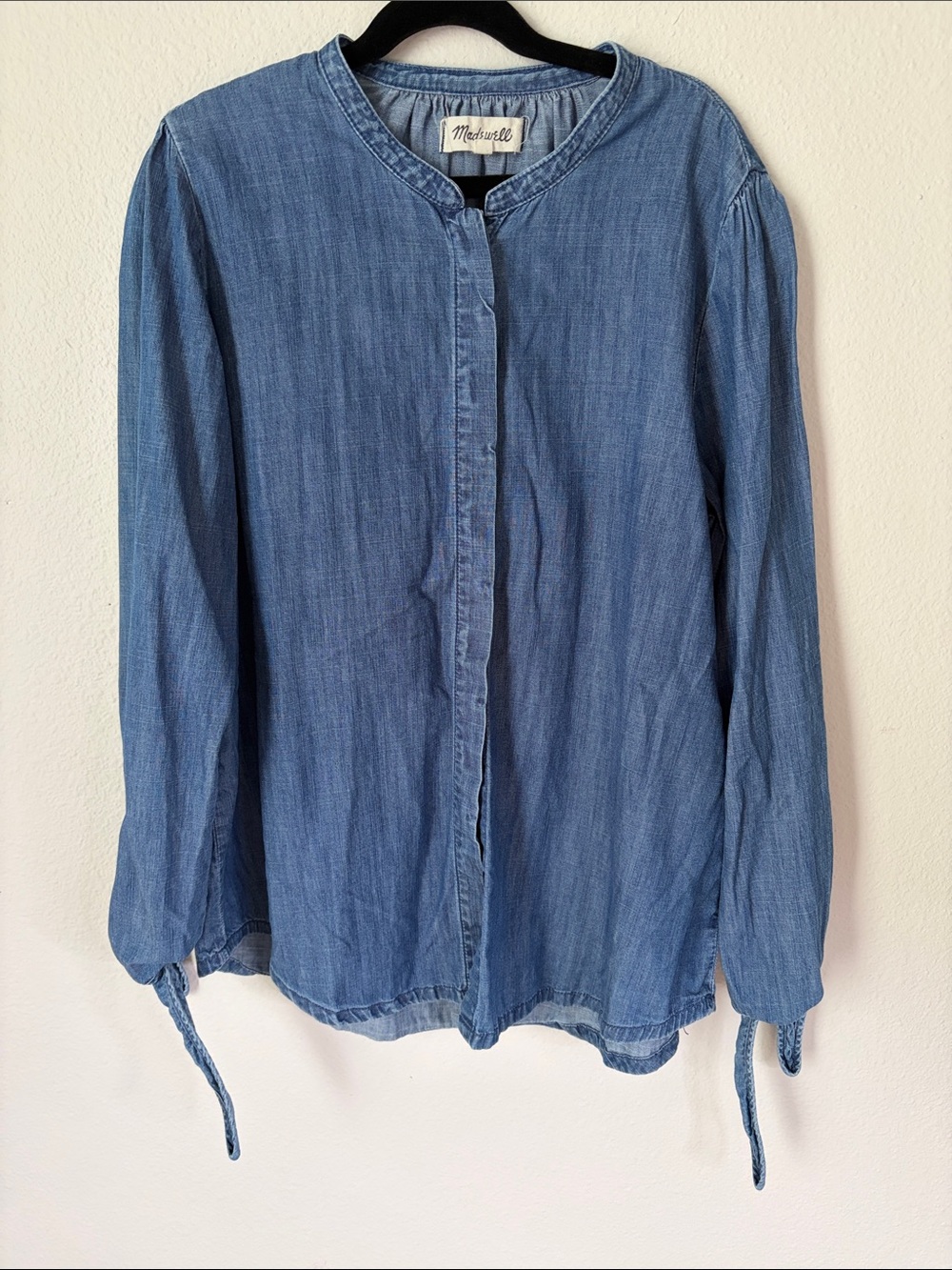 XS Madewell Chambray Button-Front Top with Tie Sleeves